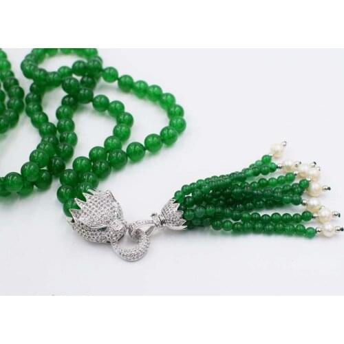 NEW green jades round 8mm leopard clasp necklace 35inch wholesale beads nature woman