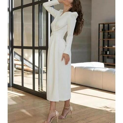 Arabic A-Line Long Sleeve V-Neck Evening Dresses Ankle Length Zipper Back Pleated Formal Party Dress for Women