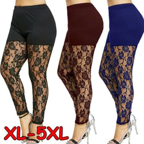 Plus Size 4XL Leggings for Women High Waist Pencil Pants Skinny Lace Hollow Out Floral Tight Trouser Casual Women Homewear