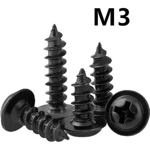 1000pcs/lot M3x6/8/10/12/16/30mm PWA Drywall Screws With Pad Round Head Pan Tapping Self-tapping Screw Black 304 Stainless Steel