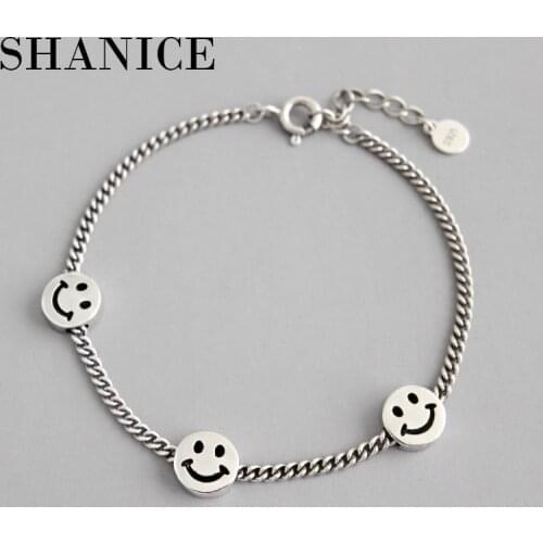 SHANICE INS Retro Genuine 100% 925 Sterling Silver Europe Brand Smile Face Design Link Chain Bracelets Woman Wedding Jewelry