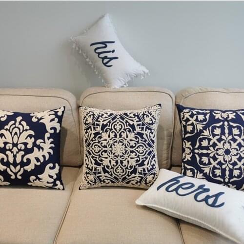 Navy Euro Rope Thread Embroidery Cushion Cover Home Decoration Cotton Boho Style Ethnic Pillow Cover 50x50cm /30x50cm Pillow