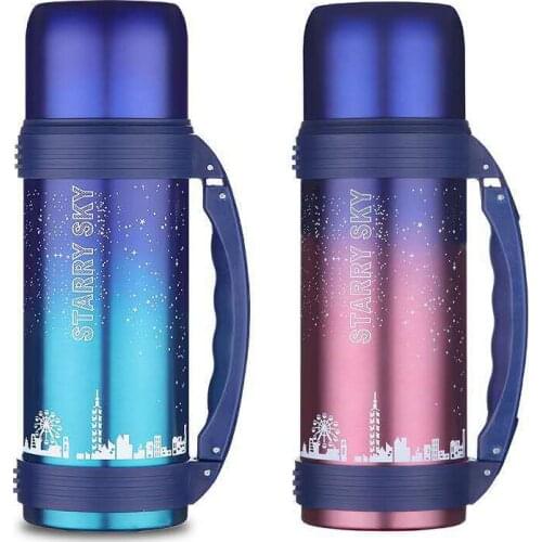 Gradient color outdoor sports bottle 1200ml stainless steel vacuum Thermos with handle portable mountaineering Thermal flask