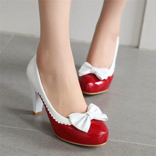 Pink Lolita Shoes High Heels Platform Women Pumps Block Heel Bow Shoes 2020 Spring Dress Wedding Shoes Red Size 42 43 44 45 46