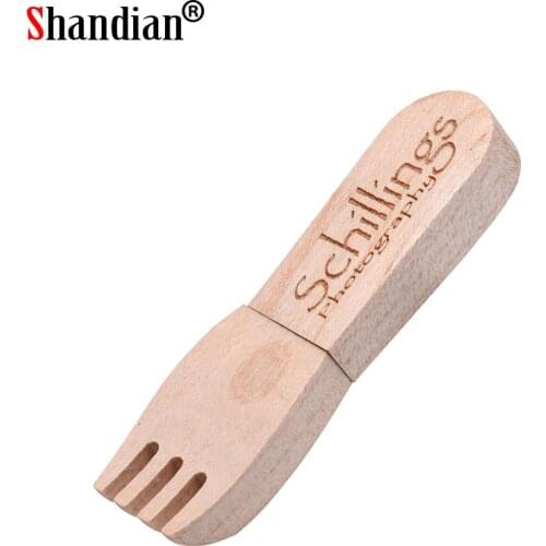 SHANDIAN Wood fork USB flash drive Memory card Pen drive 128GB 8GB 16GB 32GB 64GB Cutlery memory stick U disk Free custom logo