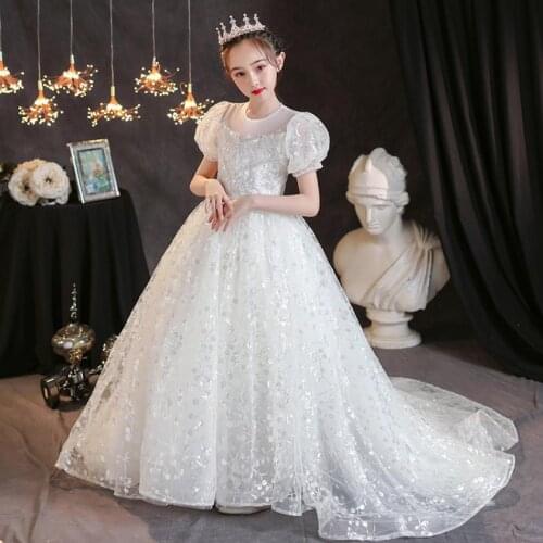 Hight-End Sequined Tulle Pearls Embroidery Trailing Ball Gown Kids Catwalk Wedding Party Flower Girl Princess Dresses L1154