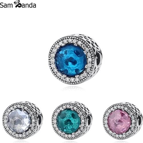 Authentic 925 Sterling Silver Radiant Hearts Blue CZ Glass Stopper Lock Clip Beads Fit Pandora Original Bracelet Charms Jewelry