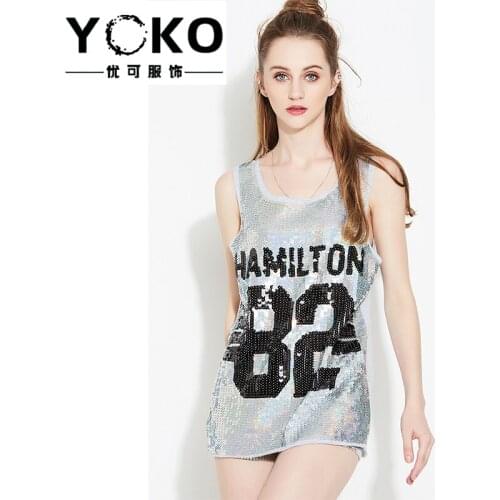 YOKO summer women streetwear casual loose O-neck sequin tank top fashion straight sleeveless T-shirt number letter club dresses