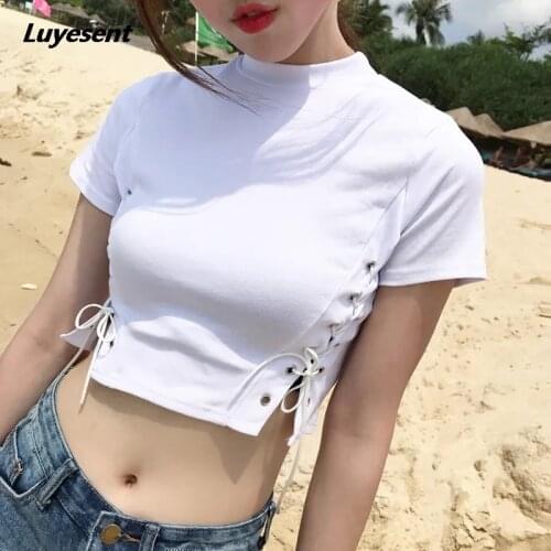 Women Gothic Eyelet Cool Short-length T Shirt 2021 Lady O Neck Lace-up Bandage Hollow Out Streetwear Black White Punk Rock Top