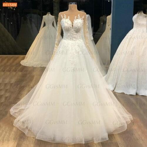 Elegant Long Sleeves Wedding Gowns 2021 Actual Images suknia slubna Lace Up Appliqued Bride Dresses Women O Neck robe de mariée