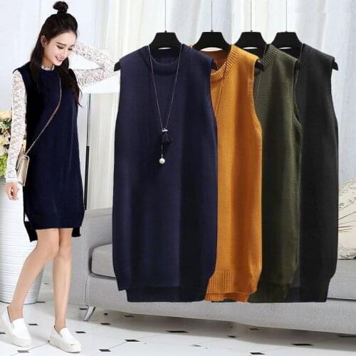 2021 Winter Woman Casual Sleeveless Sweater Dress Female Thick Mid Length Loose Knitted Vest Ladies Solid Colete Feminino Q85