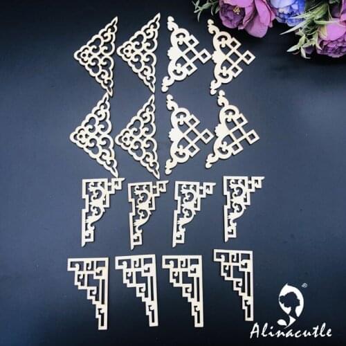 12pc wooden Lace Corner Natural laser Wood Chip Embellishments Scrapbooking Crafts Handmade card Art Album Alinacraft