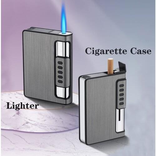 12 packs capacity metal case with butane gas inflate lighter blue jet flame Pressure and moisture proof automatic cigarette box