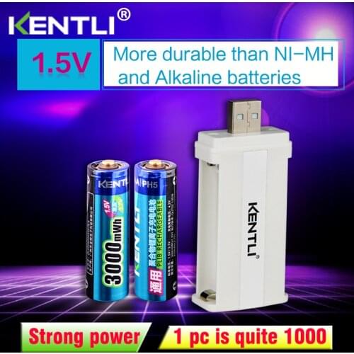 2pcs KENTLI 1.5v 3000mWh Li-polymer li-ion lithium rechargeable AA battery batterie + 2slots CU57 charger