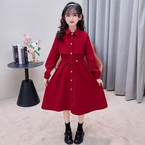 6-15Years Teenage Girls Long Sleeve Turn Down Collar Dresses Kids Button A Line Princess Dress Children Solid Fall Clothes 8 12