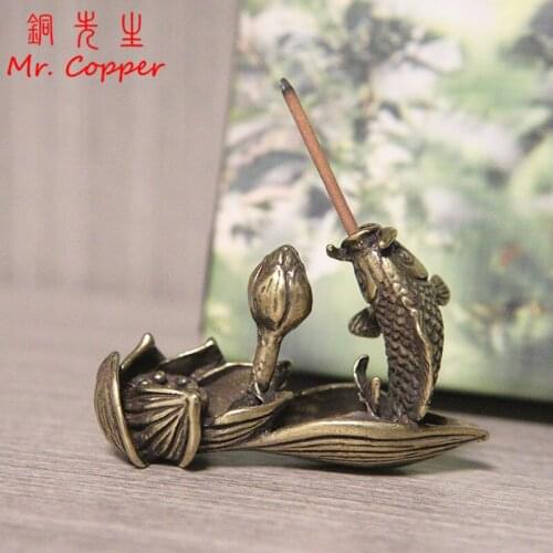 Antique Bronze Lotus Carp Desktop Decorations Incense Burner Vintage Copper Zen Tea Table Ornament Home Decor Crafts Accessories