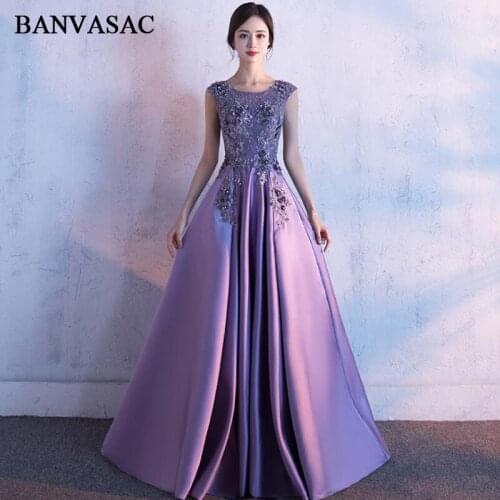 BANVASAC 2018 Crystal O Neck Lace Appliques A Line Long Evening Dresses Flowers Sweep Train Sequined Party Prom Gowns