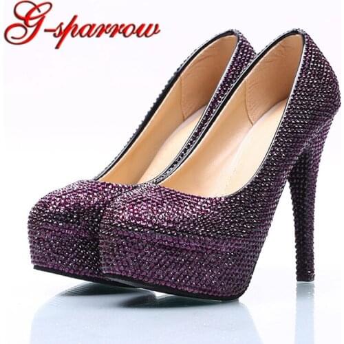 Plus Size 40 42 Purple Rhinestone Wedding Shoes Handmade Crystal Super High Heel Platforms Women Bride Dress Shoes Prom Party