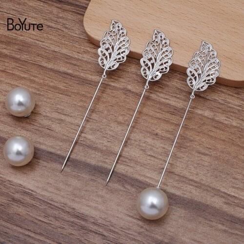 BoYuTe (20 Pieces/Lot) White K Plated Filigree Feather Flower Leaf Lapel Pin Diy Brooch Pins Jewelry Accessories