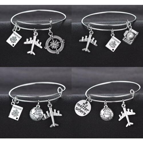 Wanderlust Travelers Bangles Jewelry Love Travel Bracelet Gift Traveling The World Airplane Compass Camera Passport Charm Bangle
