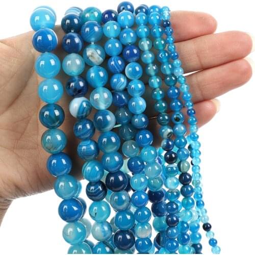 Natural Stone Beads Blue Striped Agate Loose Beads for Jewelry Making Needlework DIY Bracelet Strand 4-12 MM