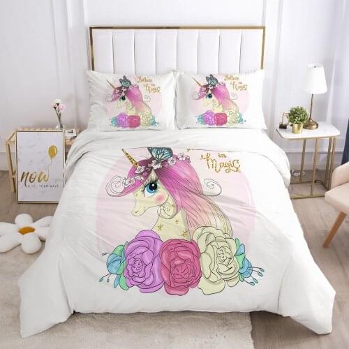 Cartoon Bedding Set for kids baby duvet cover set for home bed linen pillowcase family sets Euro 200*220 Pink Flowers unicorn