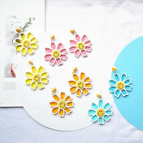 Korean Sweet New Creative Colorful Sunflower Pendant Long Earrings for Women Cute Flower Smile Face Earrings