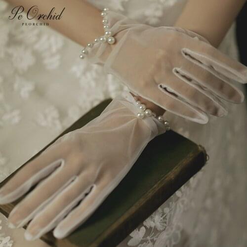 PEORCHID Short Cheap Elegant Bridal Gloves With Pearls Wristband Wedding Glove For Women Gants Tulle Bride Accessories Gifts