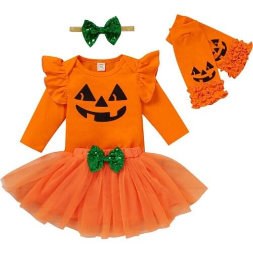 Halloween Newborn Infant Baby Girls Clothing 4Pcs Set 2021 Autumn Flying Sleeve Romper+Bow Skirt+Headband+Foot Cover Outfits