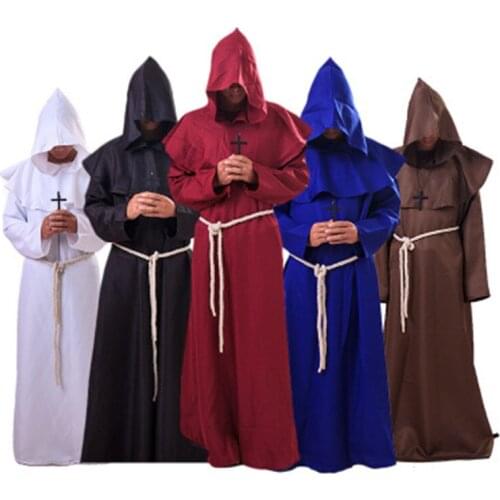 Medieval Halloween Costume Men Women Vintage Renaissance Monk Cosplay Cowl Friar Priest Hooded Robe Rope Cloak Cape Clothing