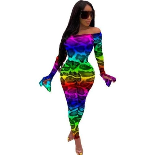 Colorful Leopard Print Sheer Mesh Night Club Party Jumpsuits Women Sexy Slash Neck Off Shoulder Long Sleeve Romper Bodysuits