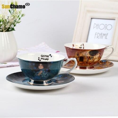 Creative European bone china coffee mugs suit simple afternoon tea cup Gustav Klimt Art paintings MJ826