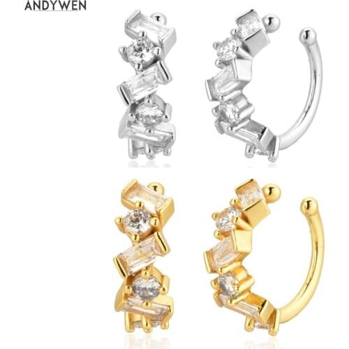 ANDYWEN 925 Sterling Silver Clear Zircon CZ Piercing No Without Pendiente Cuffs Women Fashion Jewelry Crystal CZ Ohrringe