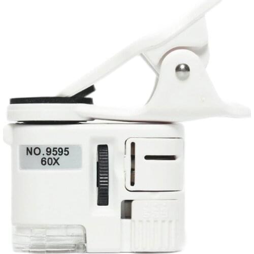 Universal Clip Microscope 60/100X LED Jewelry Magnifying Glass Focusing Adjusted Pocket Microscope with Cell Phone Clip UV Light