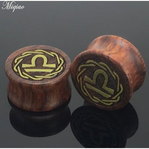 Miqiao 2 Pcs 8mm-20mm Human Body Piercing 12 Constellation Libra Wood Solid Ear Expander EAR TUNNEL