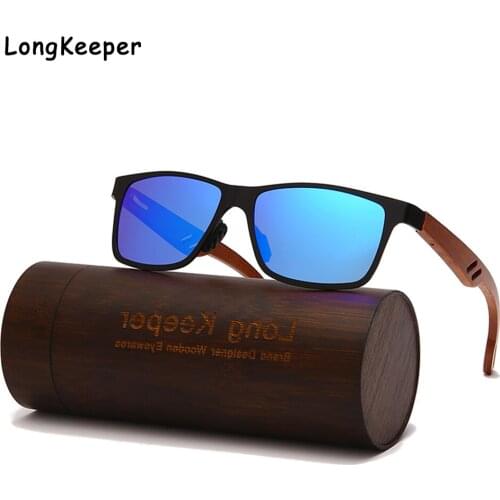 Natural Wooden Sunglasses Polarized Lens Eyewear Men Brand Designer Vintage Mirror Coating Sun Glasses With Bamboo Gift Box Blue