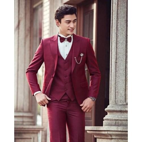 New Arrival Slim Fit Man Suit Red Wine Peak Lapel Business Casual Tuxedo 3 Pcs(Jacket+Pant+Vest)Custom Made Wedding For Man Suit