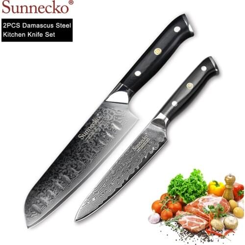 SUNNECKO 2PCS Santoku Utility Chef Knife Set Kitchen Knives Japanese VG10 Damascus Steel Sharp Cooking Cutter Tools G10 Handle