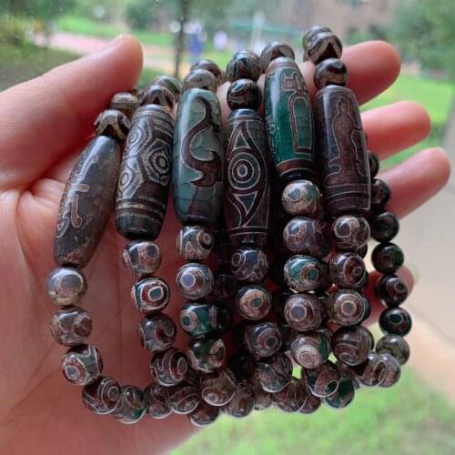Natural Tibetan Dzi Agates Bracelet Ruyi Spider Dragon Eyes Grey Green Agat Charm Dzi Beads Strand Bracelet Energy Reiki Healing