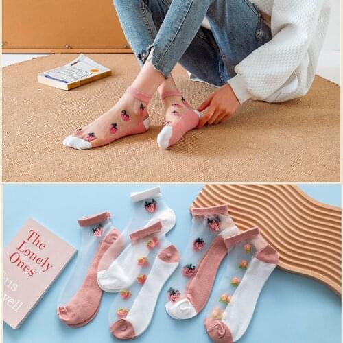 5 pair New strawberries fruit Cass socks in spring and summer Japanese womens low cut crystal thin breathable glass stockings