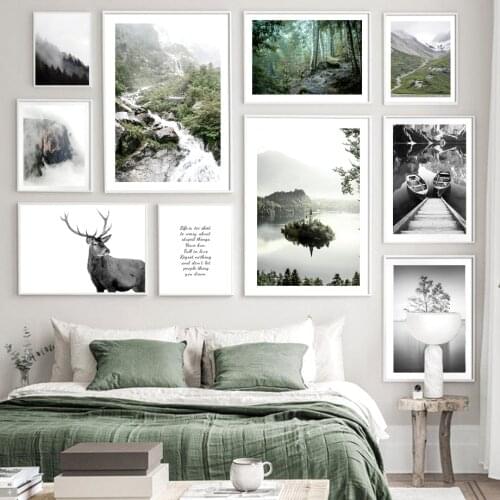 Nature Landscape Mountain Lake Boat Deer Forest Wall Art Print Canvas Painting Nordic Poster Wall Pictures For Living Room Decor