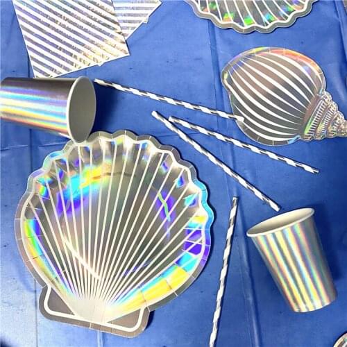 Underwater Party Laser Silver Color Shell Plates Disposable Tableware Mermaid Birthday Party Decoration For Kids