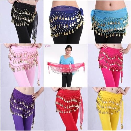 Belly Dance Belt Bellydance Hip Scarf Wrap Belly Dancing Belt Chain 128 Gold Coins Adult Women 3 Rows
