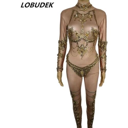 Sexy 3D Printing Gold Rhinestones Jumpsuit Nightclub Bar DJ Female Singer Stage Performance Outfit Pole Dancing Show Costume