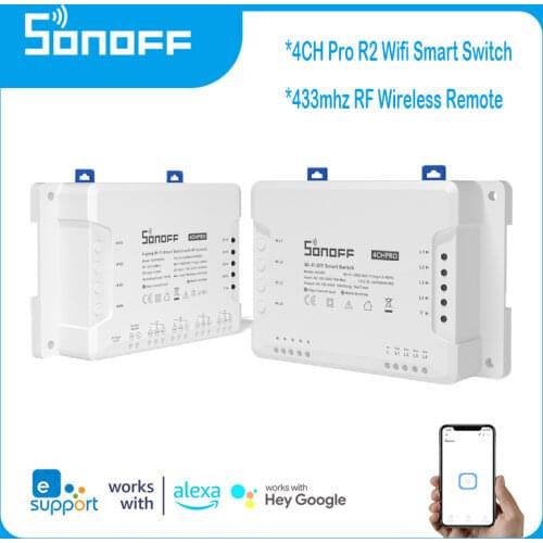 Sonoff 4CH Pro R2 433mhz 4 Channels Gang RF Wireless Remote Wifi Smart Switch Inching Interlock Relay Alexa Google Home