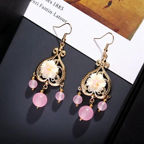 Retro Vintage Pink Stone Tassel Dangle Earrings Hangers Kolczyki Female Flower Earrings Boho Jewelry