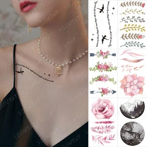 Waterproof Temporary Tattoo Sticker English Letter Line Rose Peony Flower Flash Tatoo Female Simple Body Art Fake Tatto Child