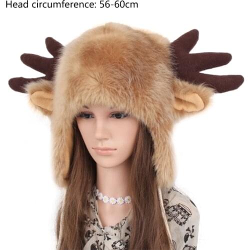 Women Men Winter Furry Plush Snow Trapper Hat Cute Ox Horns Deer Antlers Fluffy Animal Cap with Ear Flap Cosplay Costume