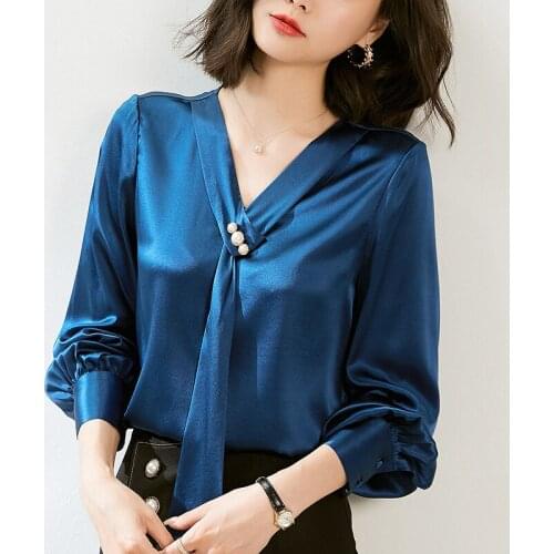 Natural Real Silk Office Lady Solid Shirt Elegant Fashion Beading Bow V-neck Long Sleeve Spring Autumn Womens Satin Blouse Tops