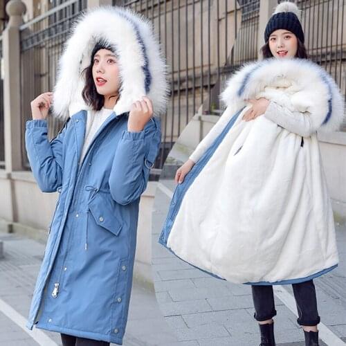 Women winter jacket Hooded Fur collar Cotton clothing coat New lambswool long Korea Padded jackets women Thicken coat female